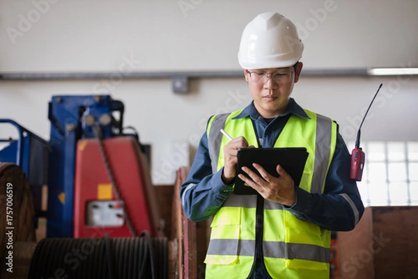 Fototapeta Engineer in PPE inspecting electrical power cable from a large cable reel, using a tablet for digital reporting. Industrial safety and energy infrastructure maintenance