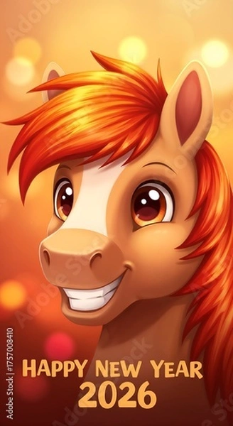 Fototapeta Cartoon fire horse symbolizing New Year 2026 with cheerful festive wishes