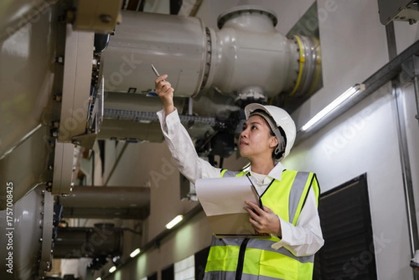 Fototapeta inspecting high-voltage gas-insulated switchgear (GIS), Female engineer in safety helmet, reflective vest inside a power plant, taking notes on clipboard, symbol of industrial safety, professionalism