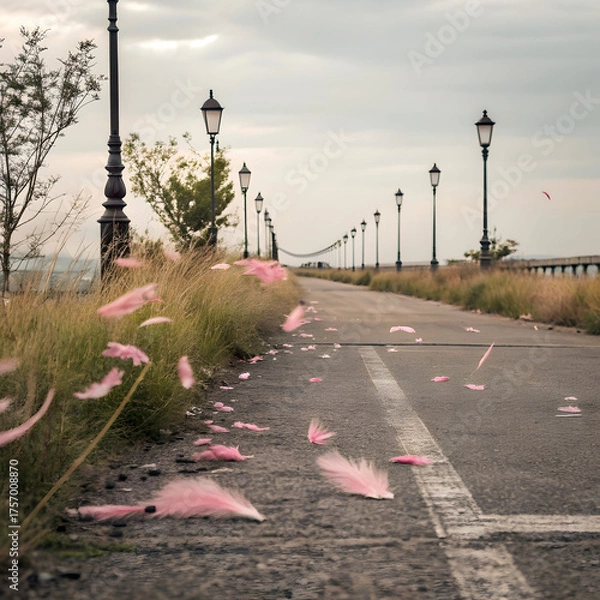 Fototapeta soft pink feathers gently falling onto a retro sty