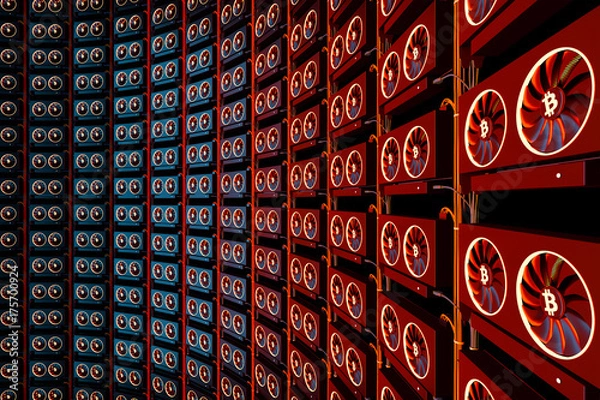 Obraz design element. 3D illustration. rendering. cryptocurrency mining farm. bitcoin and altcoins mining. graphic cards rig for Cryptocurrency mining