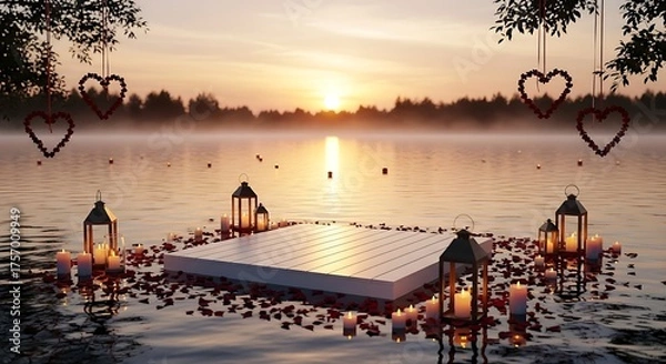Fototapeta A serene lake at dawn, featuring a floating platform adorned with rose petals, lanterns, and heart garlands, bathed in golden light.