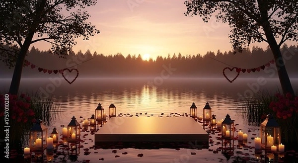 Fototapeta Enchanting sunrise over a misty lake with a candlelit platform adorned with red rose petals and heart garlands.