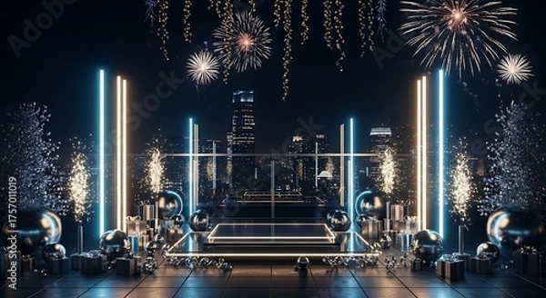 Fototapeta A dazzling modern celebration scene featuring a reflective stage, glowing neon columns, and fireworks over a futuristic city skyline.