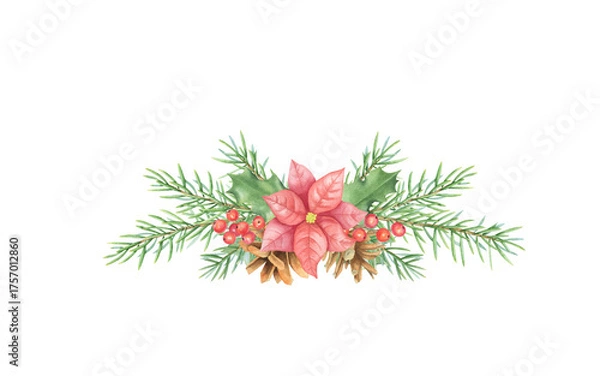Fototapeta Watercolor New Year's composition with a poinsettia with red petals and a yellow core. It is surrounded by green needles, pine or spruce needles, and holly branches with red berries. 