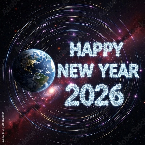 Fototapeta Happy new year 2026 earth orbiting galaxy cosmic celebration