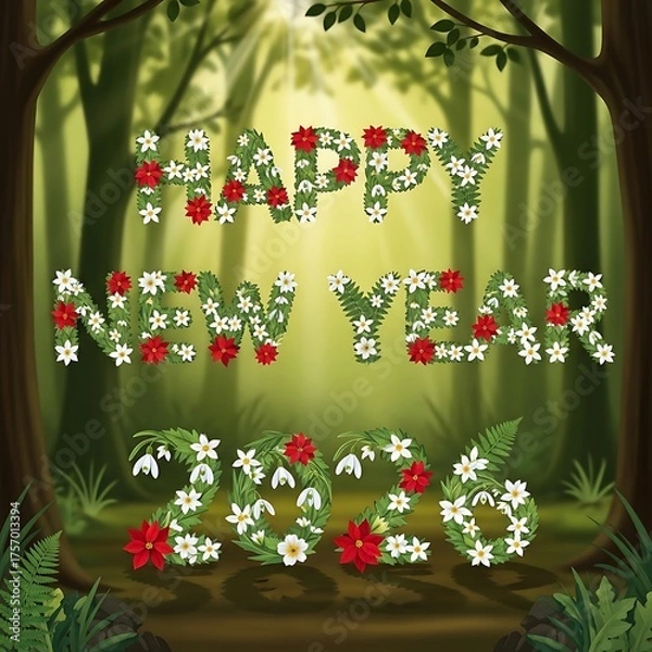 Fototapeta Happy new year floral arrangement in a lush forest setting