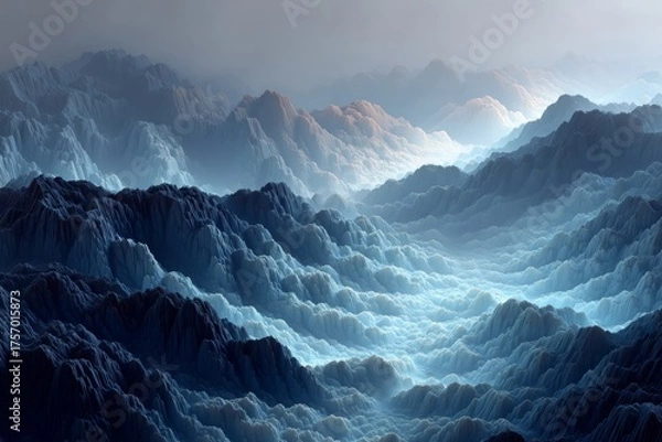 Fototapeta A mesmerizing vista of undulating mountains shrouded in a soft, ethereal mist, creating a dreamy and otherworldly landscape, with subtle hints of light breaking through.