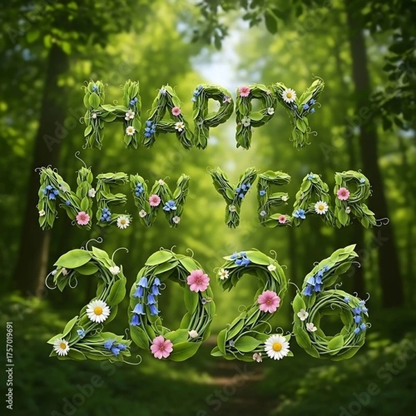 Fototapeta Happy new year 2026 text art crafted from lush green leaves and delicate flowers