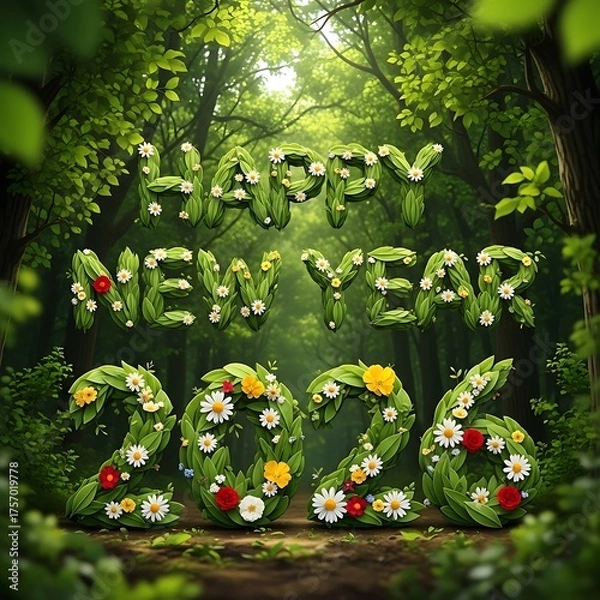 Fototapeta Happy new year 2026 floral arrangement in lush green forest setting