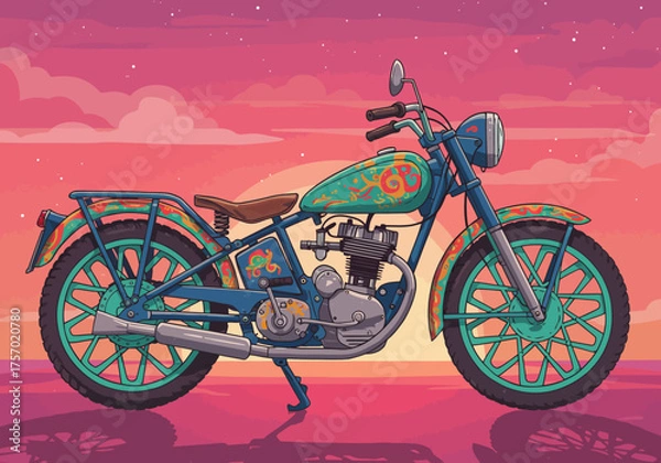 Fototapeta Colorful Vintage Motorcycle Illustration with Ornate Details and Sunset Backdrop.
