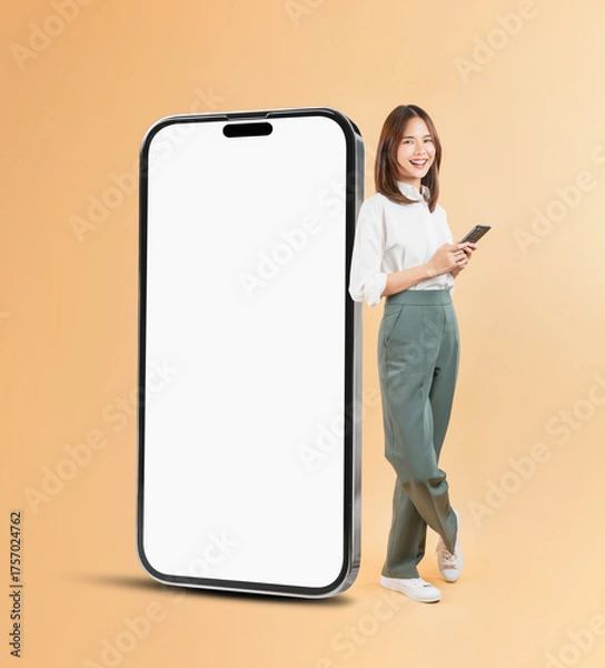 Obraz Happy Asian business woman hand touching a large smartphone screen isolated on beige color background, travel concept.