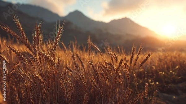 Fototapeta Golden wheat field swaying gently at sunset embracing the warmth and promise of harvest with distant mountains and