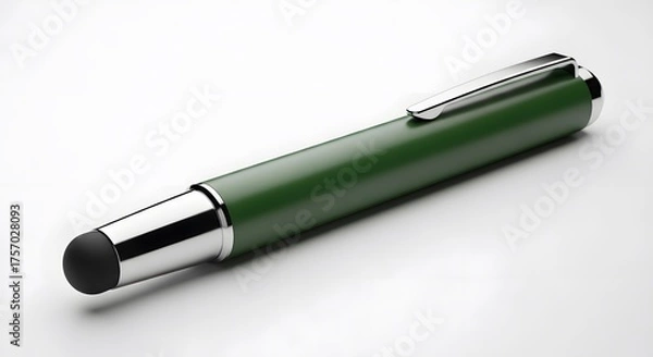 Obraz Elegant Green Stylus Pen with Silver Accents on White Surface.