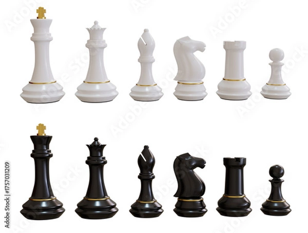 Fototapeta Elegant White and Black Chess Set with Gold Trim for Strategy, Luxury Isolated on Transparent Background.