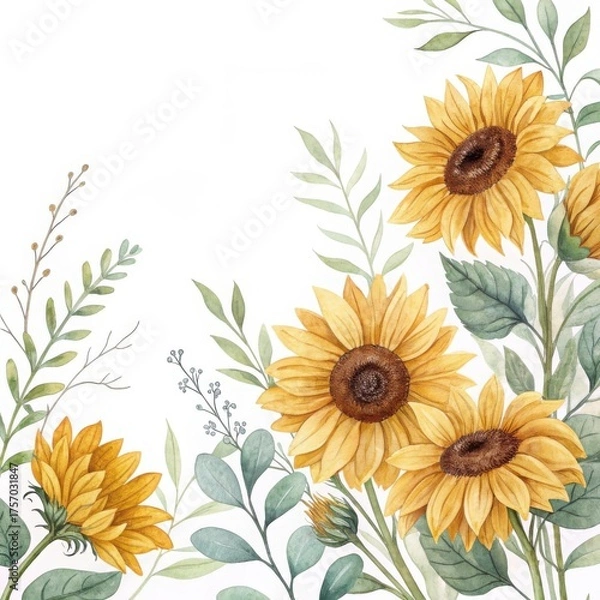 Fototapeta Vibrant watercolor illustration of sunflowers with green leaves and stems, capturing summers warmth