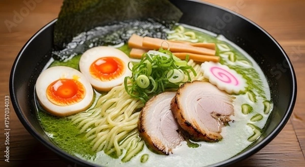 Obraz Delicious Green Ramen Bowl with Chashu Pork and Soft-Boiled Eggs.