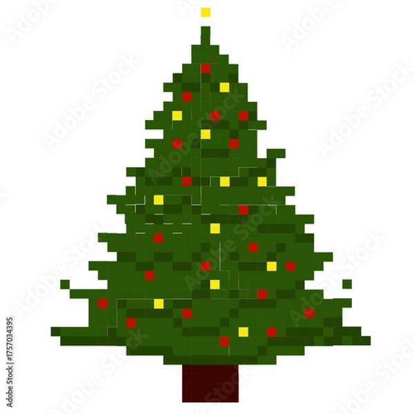Obraz Christmas tree Pixel art icon. Retro illustration in 8 bit style. decoration sprite or game assets. 90s. Vector stock illustration. isolated on a white background.