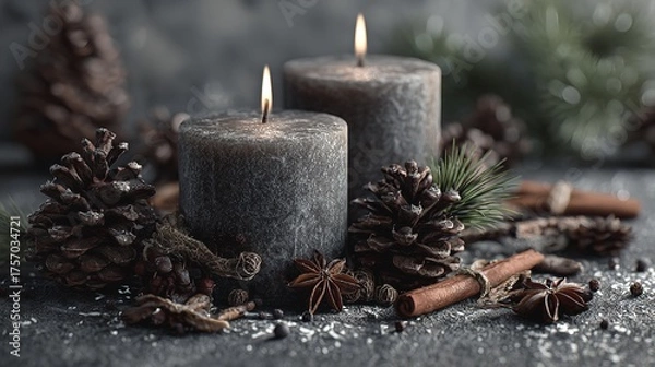 Fototapeta Two flickering candles illuminating winter s embrace with pinecones cinnamon and star anise for a cozy holiday mood and