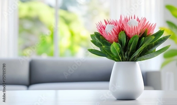 Fototapeta Pink tulips in a pastel vase on white table with soft background light