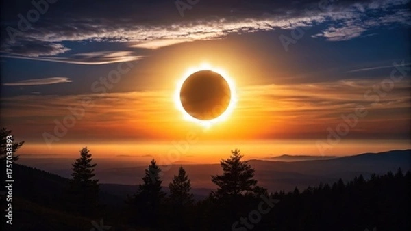 Fototapeta Dramatic solar eclipse over mountainous landscape at sunset