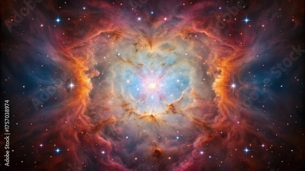 Fototapeta Symmetrical cosmic nebula with brilliant center and fiery outer edges