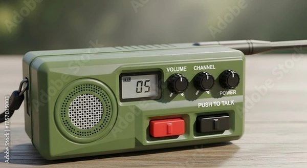 Fototapeta Olive drab portable two way radio transceiver on a wooden surface.