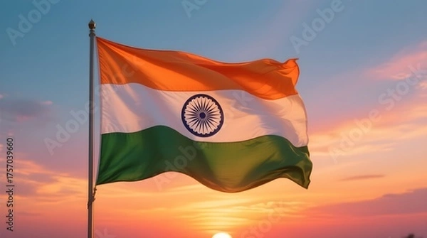 Obraz India's flag waving against a vibrant sunset
