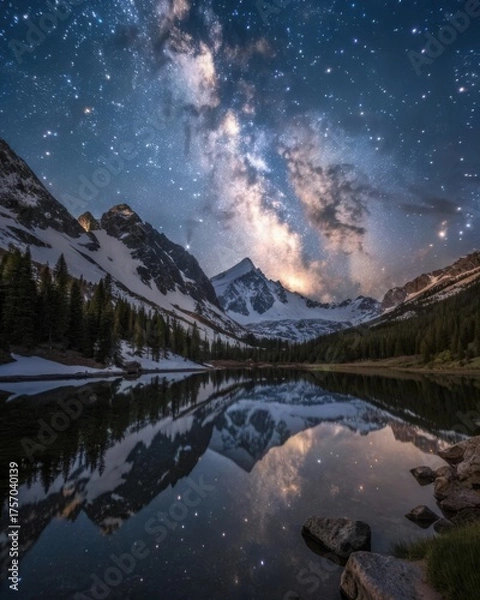 Fototapeta Milky way galaxy reflected in a serene mountain lake under a starry night sky