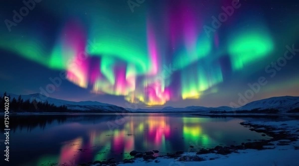 Obraz Vibrant aurora borealis dances above a reflective arctic lake