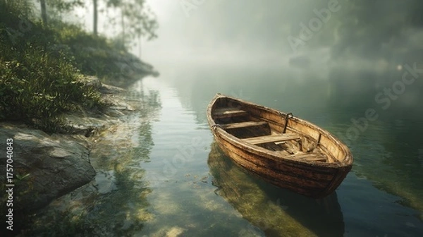 Fototapeta A lone wooden boat drifts serenely on a misty lake evoking peace and reflection in the quiet solitude of nature s