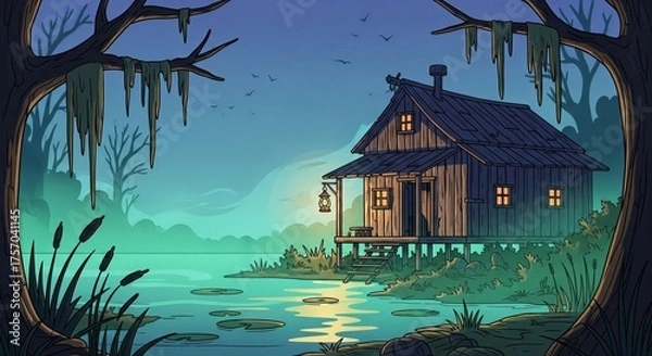 Obraz Tranquil Nighttime Swamp House Scene with Pixel Art Style and Moody Lighting