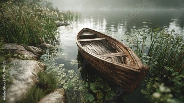 Fototapeta An old wooden rowboat rests peacefully on a misty lake promising quiet reflection and escape to nature with muted colors