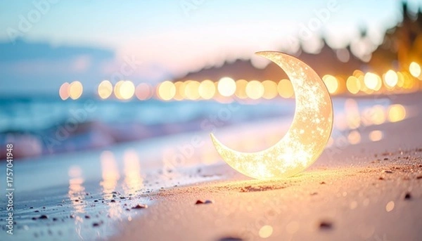 Fototapeta 夕焼け・朝焼けのビーチに幻想的に光っている三日月の形のライトが置かれている。丸ボケ