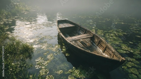 Fototapeta Reflecting on stillness weathered rowboat adrift in a serene lake filled with lily pads under a misty sky creating a