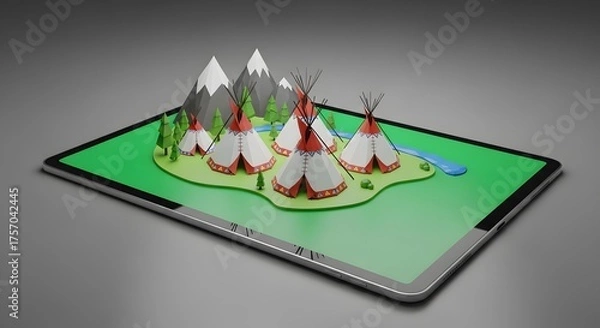Obraz Digital Tablet Displaying A 3D Native American Village Scene.