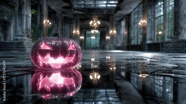 Fototapeta Glowing carved pumpkin with a sinister expression sits on wet floor in an abandoned hall, reflecting eerie light from chandeliers, creating a haunting Halloween atmosphere. Halloween
