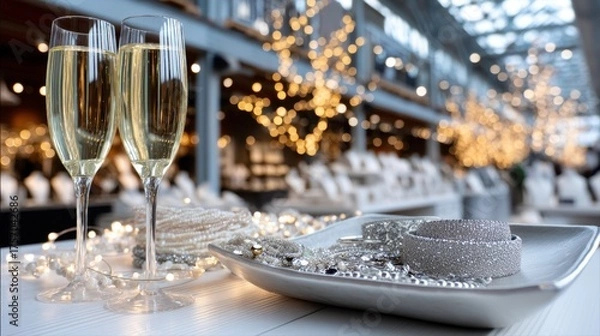 Fototapeta Elegant champagne flutes filled with sparkling beverage are placed beside a decorative platter adorned with shimmering jewelry, creating a festive atmosphere for celebrations and special occasions