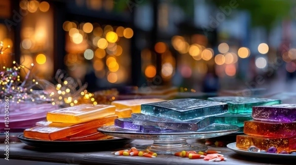 Fototapeta Colorful assortment of handmade soap bars displayed on a table, surrounded by festive lights and blurred background, showcasing artisanal craftsmanship and vibrant textures. Halloween