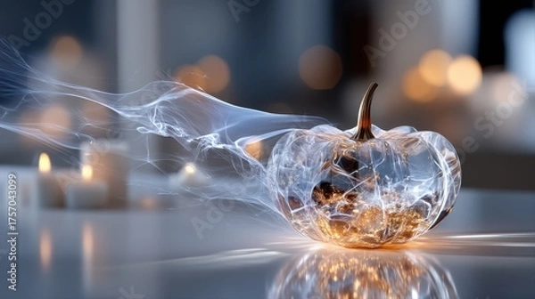 Fototapeta Transparent pumpkin with glowing interior and wisps of smoke, illuminated by soft candlelight, creating an enchanting autumn atmosphere with a magical touch. Halloween