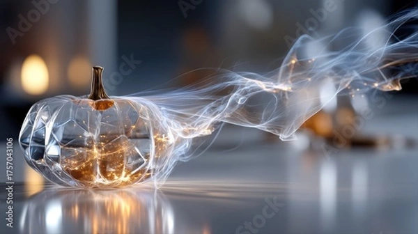 Fototapeta Transparent pumpkin with glowing lights and swirling smoke creates an enchanting atmosphere, showcasing a magical and whimsical design for seasonal decor and celebrations. Halloween
