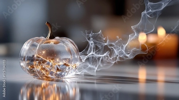 Fototapeta Transparent pumpkin with glowing lights and smoke effect, placed on a reflective surface, creating a magical ambiance for seasonal celebrations and festive decor. Halloween