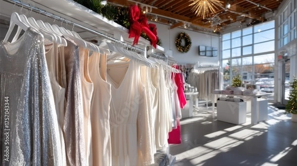 Fototapeta Elegant display of shimmering dresses in a bright boutique, showcasing a variety of colors and styles, with festive decorations and natural light enhancing the shopping experience. Halloween