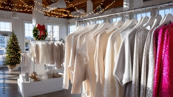 Fototapeta Display of stylish sweaters in a boutique, featuring soft textures and warm colors, with festive decorations and a Christmas tree in the background, creating a cozy shopping atmosphere. Halloween