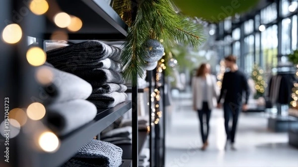 Fototapeta Cozy retail space featuring neatly stacked sweaters on shelves, adorned with festive decorations and soft lighting, creating a warm shopping atmosphere for couples. Halloween