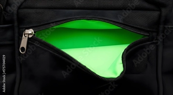 Obraz Close up of an open black bag with a bright green interior pocket.