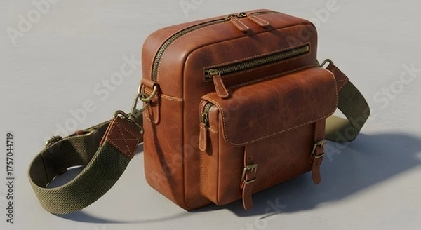 Obraz Stylish Brown Leather Messenger Bag with Green Strap.