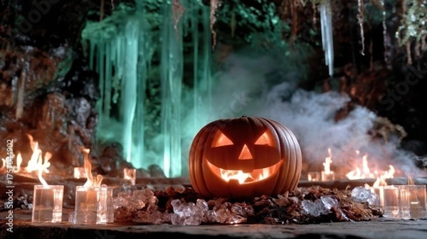 Fototapeta Glowing jack-o'-lantern sits on a stone surface surrounded by candles and ice, with a mystical cave backdrop and flickering flames creating an eerie Halloween atmosphere. Halloween