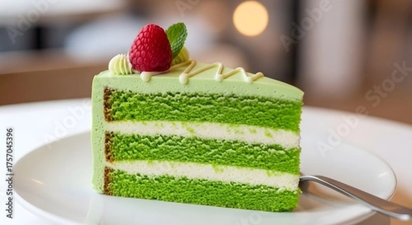 Obraz Delicious Green Cake Slice with Raspberry and Mint on White Plate.