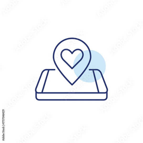 Fototapeta Heart symbol on map pointer and phone. Navigation app, romantic date places, add to favorites. Pixel perfect, editable stroke vector icon
